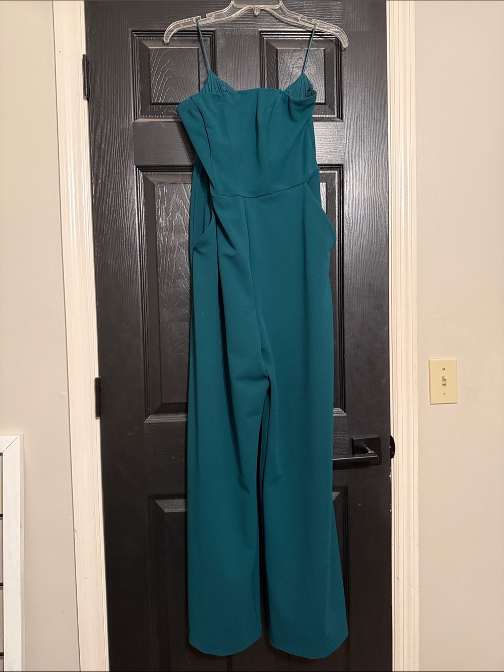 Express Teal Strapless Wide-Leg Jumpsuit with Pockets